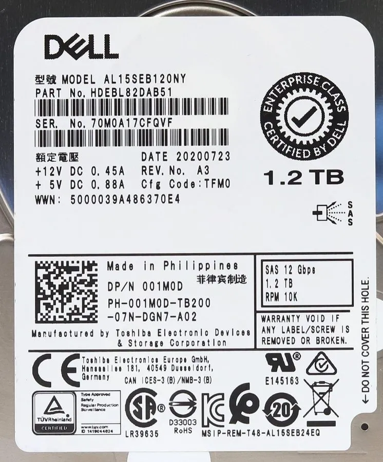 Жёсткий диск x 01M0D DELL TOSHIBA 1.2TB 12G SAS 10K 2.5" HDD HARD DRIVE AL15SEB1
