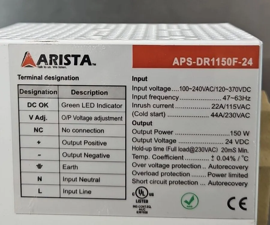Блок питания Arista APS-DR1150F-24 150W 24VDC Industrial DIN-RAIL Power Supply