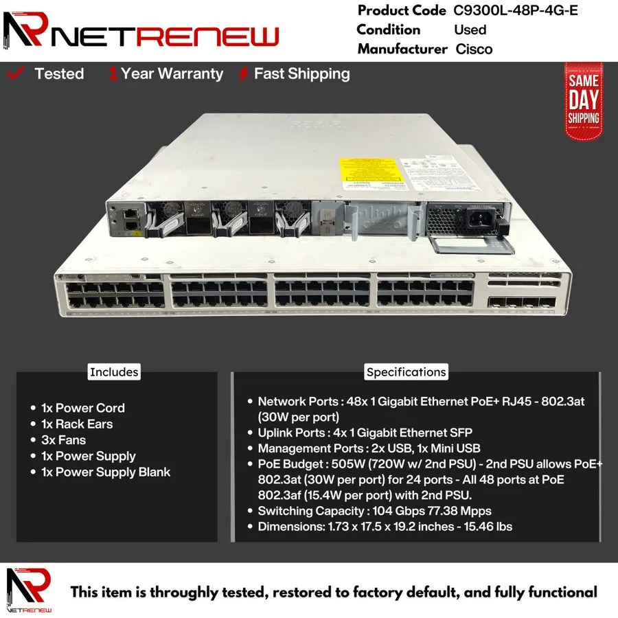 Коммутатор Cisco Catalyst 9300L Series C9300L-48P-4G-E 48port PoE Network Switch