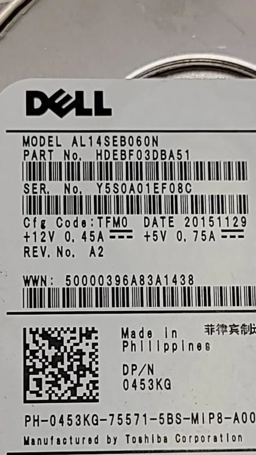 Жёсткий диск 0453KG DELL 453KG AL14SEB060N 600GB 10K SAS 12Gbps 2.5" HDD Hard Dr