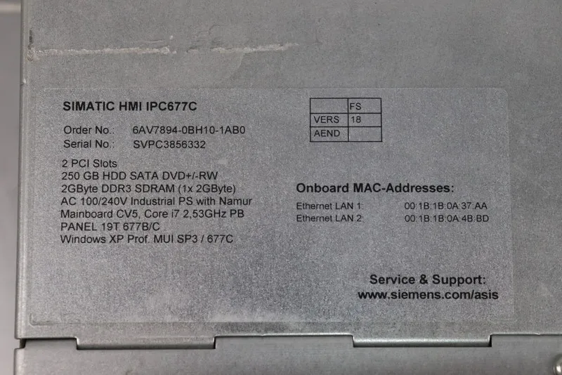 Промышленный компьютер Siemens HMI IPC677C Panel A5E02713398 A02 6AV7894-0BH10-1