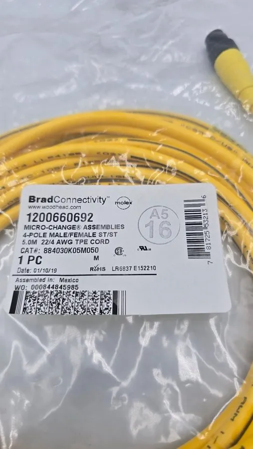 Тестер Molex 1200660692 Brad M12 Cordset MIC 4P M/MFE 5.0M ST/ST 22 AWG TPE