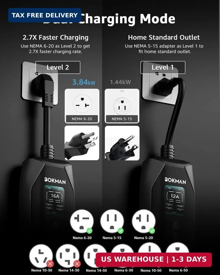 Аккумулятор Level 1&2 EV Charger,12/16 Amp 6-20P/5-15 Adapter,25ft — фото лота 1
