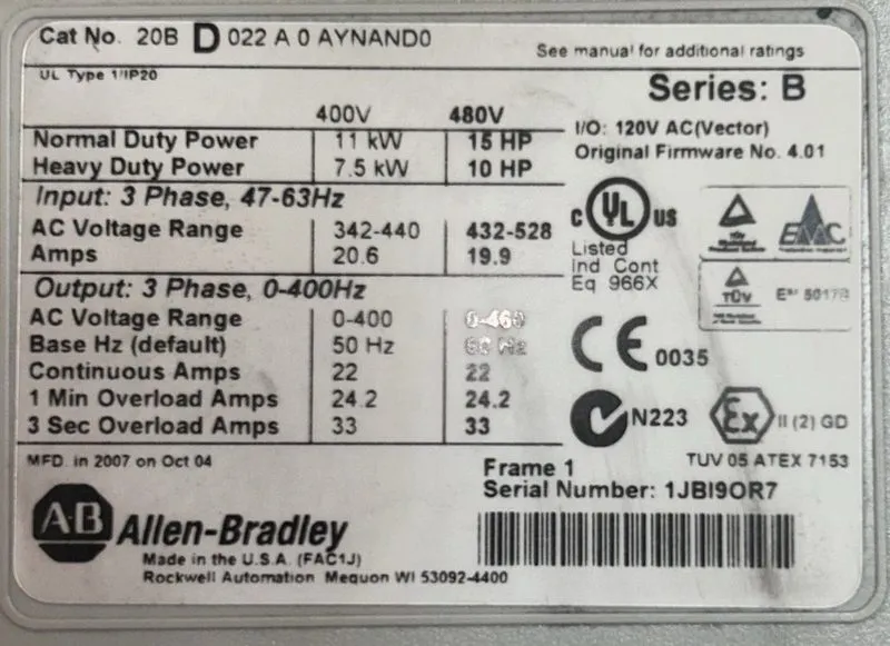 Частотный преобразователь Allen-Bradley 20BD022A0AYNAND0 15HP PowerFlex 700 AC D — фото лота 3