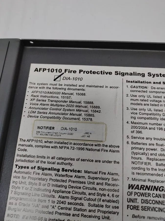 Оборудование пожарной сигнализации Notifier DIA-1010 Fire Alarm Panel