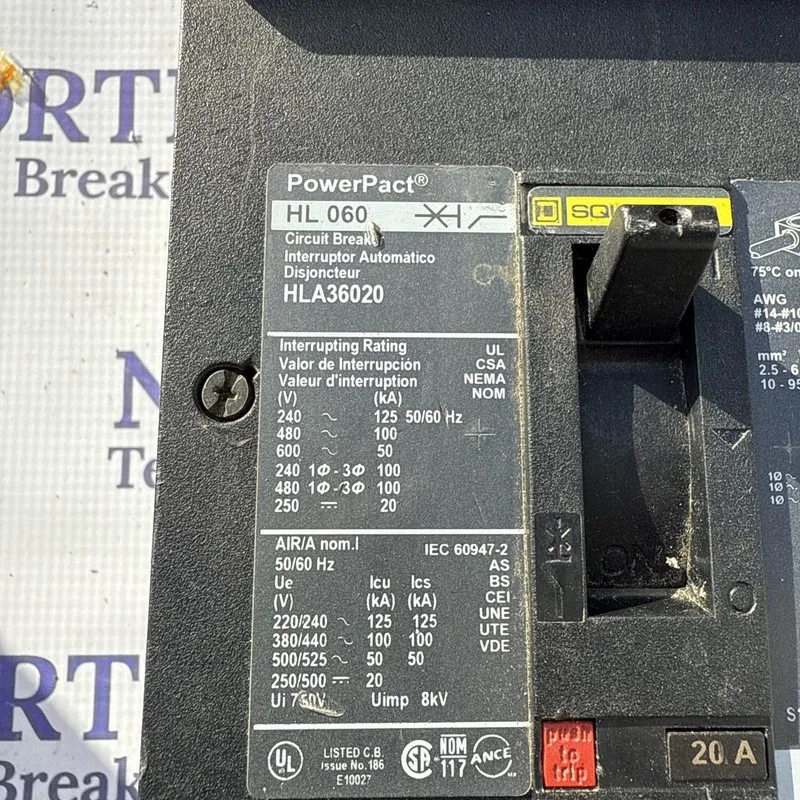 Автоматический выключатель NTO HLA36020 Square D 20 Amp 600V 3P Plug In I-Line C — фото лота 2