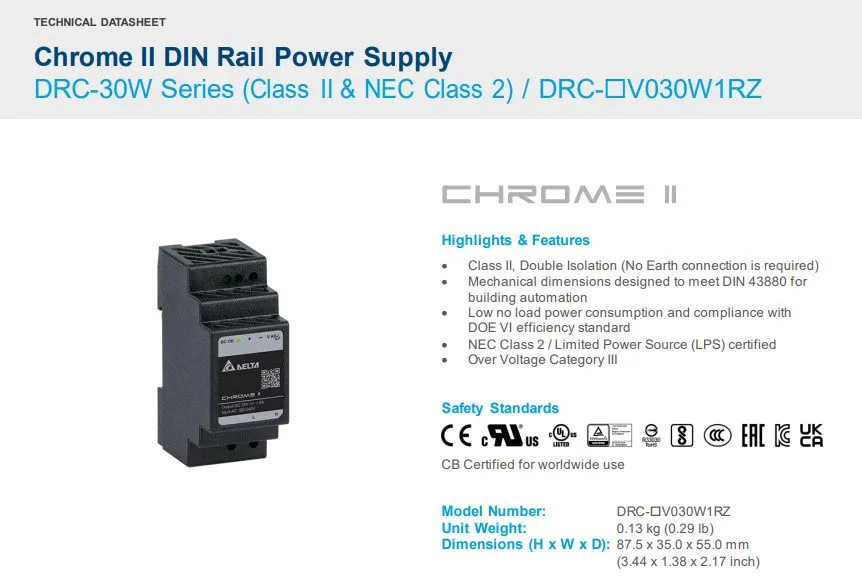 Блок питания Delta DRC-12V030W1RZ Chrome II 30W 12V 2A DIN Rail Power Supply Cla — фото лота 1