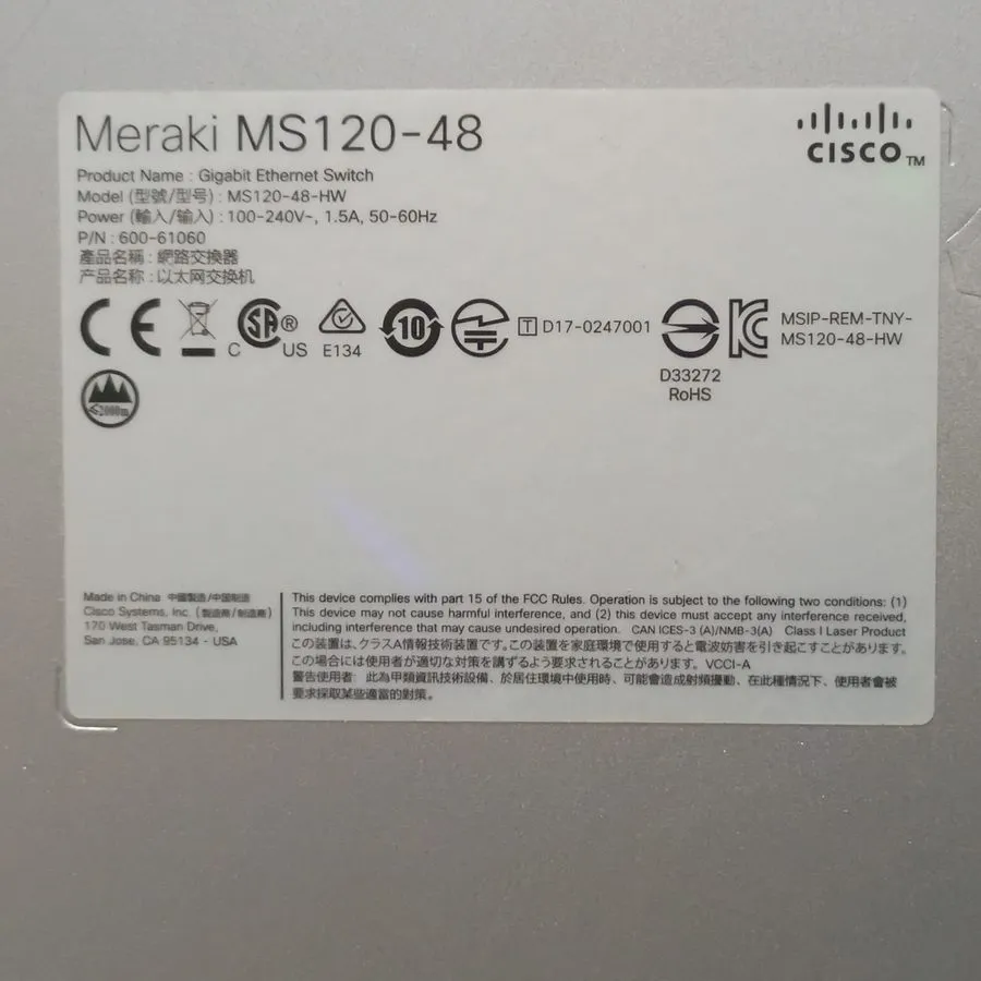 Коммутатор Cisco Meraki MS120-48FP 48 Port PoE+ Gigabit Switch 740W Unclaimed — фото лота 2