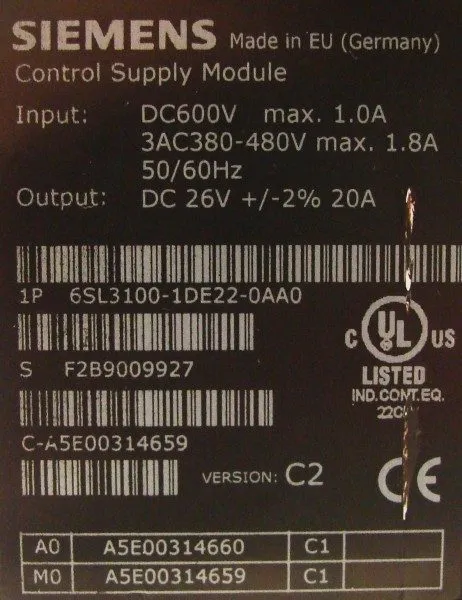 Частотный преобразователь SIEMENS 6SL3100-1DE22-0AA0 SINAMICS CONTROL SUPPLY MOD