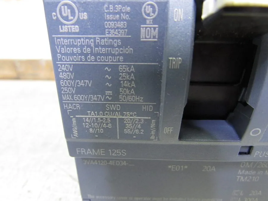 Автоматический выключатель Siemens 3VA4120-4ED34-0AA0 3p 20a Circuit Breaker Fra