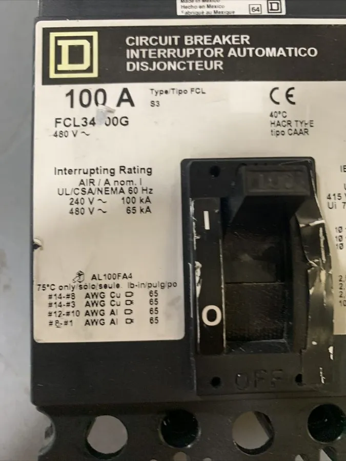 Автоматический выключатель Square D FCL34100 100A 480V 3 Pole Main Circuit Break