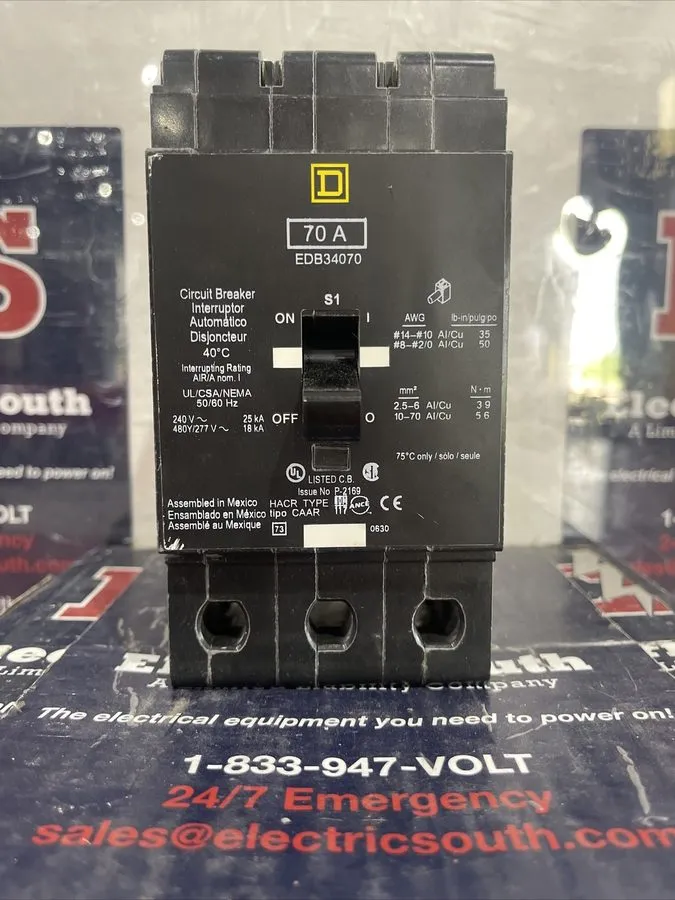 Автоматический выключатель EDB34070 Square D 70 Amp 480V 3 Pole Bolt On Circuit 