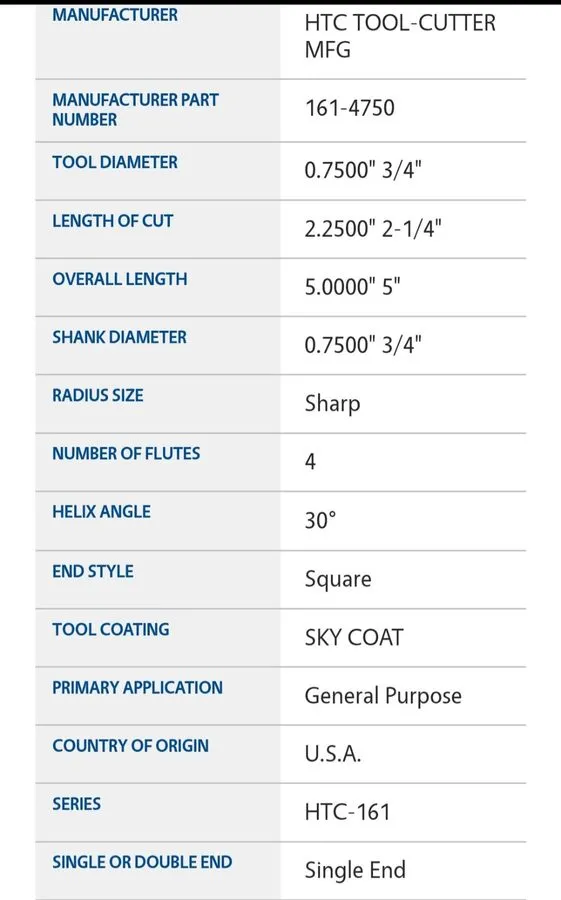 Режущий инструмент HTC 161-4750 3/4-inch, 4-flute, SKY coating, Carbide End Mill — фото лота 2