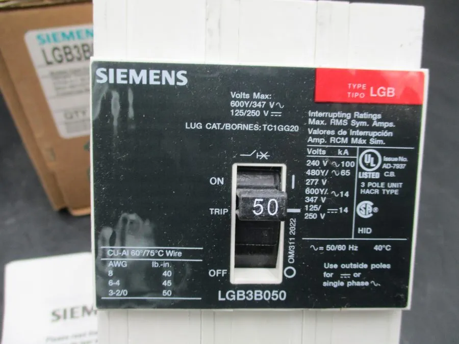 Автоматический выключатель SIEMENS LGB3B050B Circuit Breaker 50A 3P 480V 3PH LGB