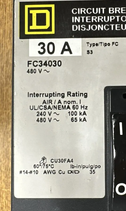 Автоматический выключатель Square D FC34030 30A 480V AC 3-Pole Circuit Breaker