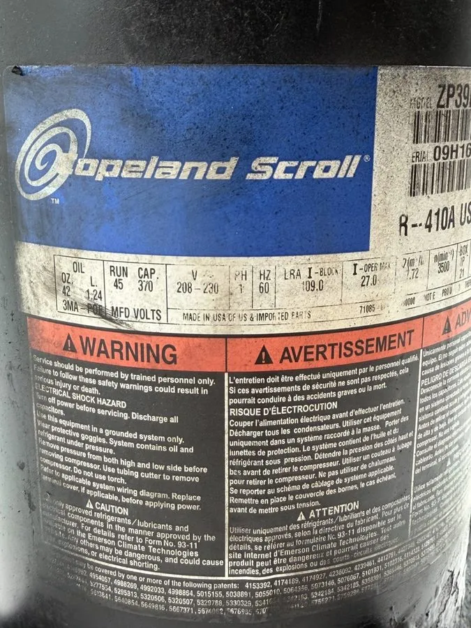 Компрессор Copeland 3.5 Ton Scroll Compressor ZP39K5E-PFV-130 230V 1 PH R410A #C