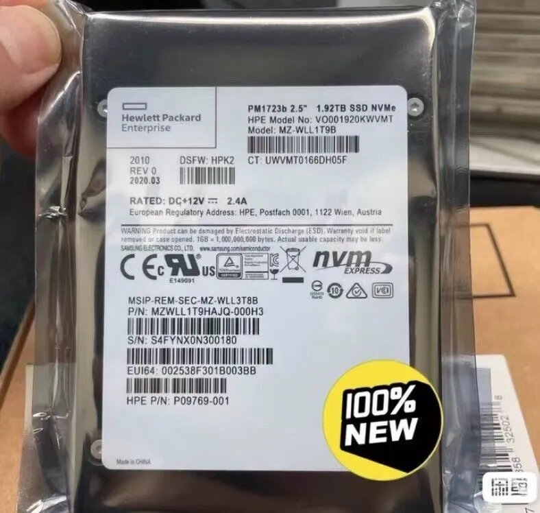 SSD-накопитель Samsung PM1723b 1.92TB HPE SSD U.2 NVME MZ-WLL1T9B MZWLL1T9HAJQ-0