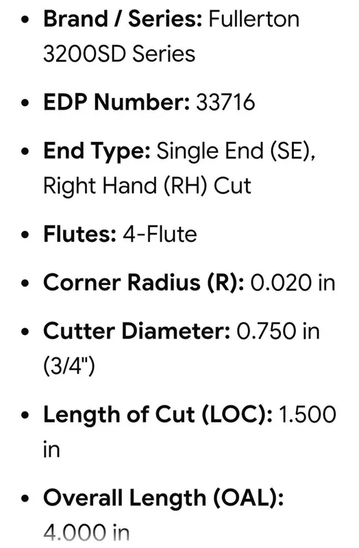 Режущий инструмент FULLERTON 3200SD 3/4 .02R CARBIDE END MILL 33716ZE — фото лота 2