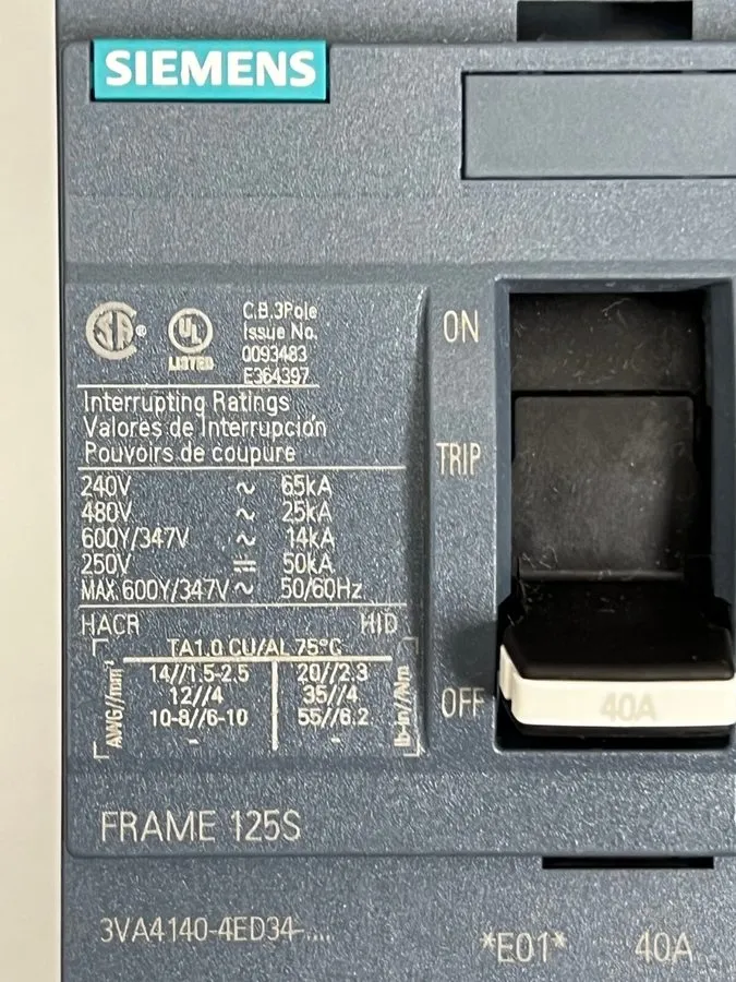 Автоматический выключатель Siemens 3VA4140-4ED34-0AA0 Circuit Breaker 40A 600Vac