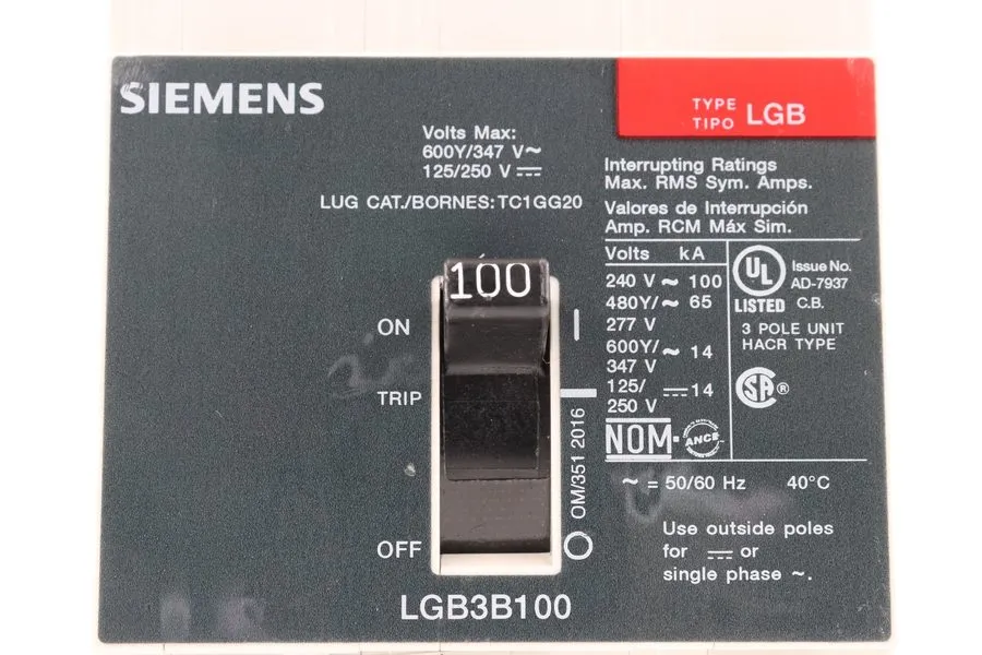 Автоматический выключатель SIEMENS LGB3B100 100A 3-POLE BOLT-ON CIRCUIT BREAKER,