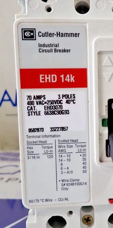 Автоматический выключатель Eaton EHD3070 3 pole 70 amp EHD 14kA@480v EHD14k Circ