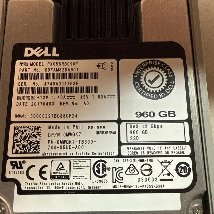 Сервер 0MWGK7 Dell PX05SRB096Y 960GB 2.5" SAS 12G PowerEdge R650 R750 Server SSD — фото лота 1