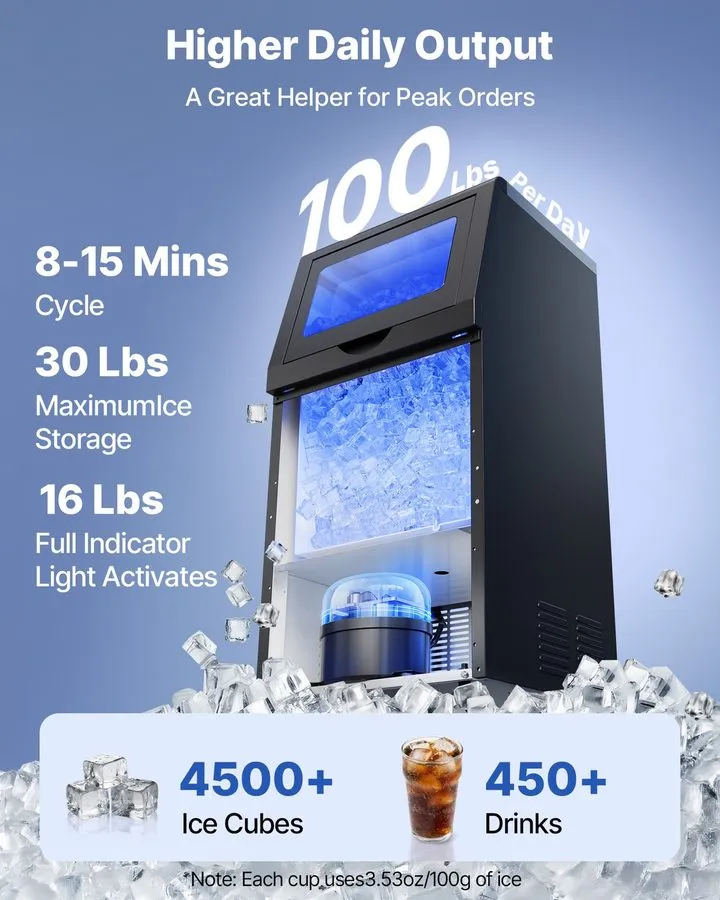 Льдогенератор VEVOR Commercial Ice Maker 100 lbs/24h Ice Machine 16-30 lbs Stora