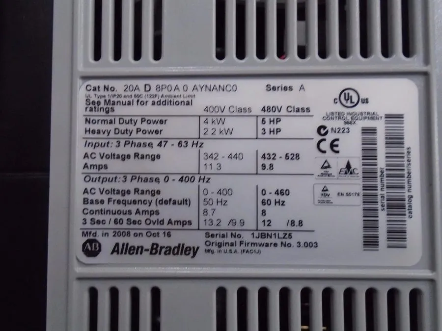 Частотный преобразователь ALLEN BRADLEY POWERFLEX 70 DRIVE 20AD8P0A0AYNANC0 SER.