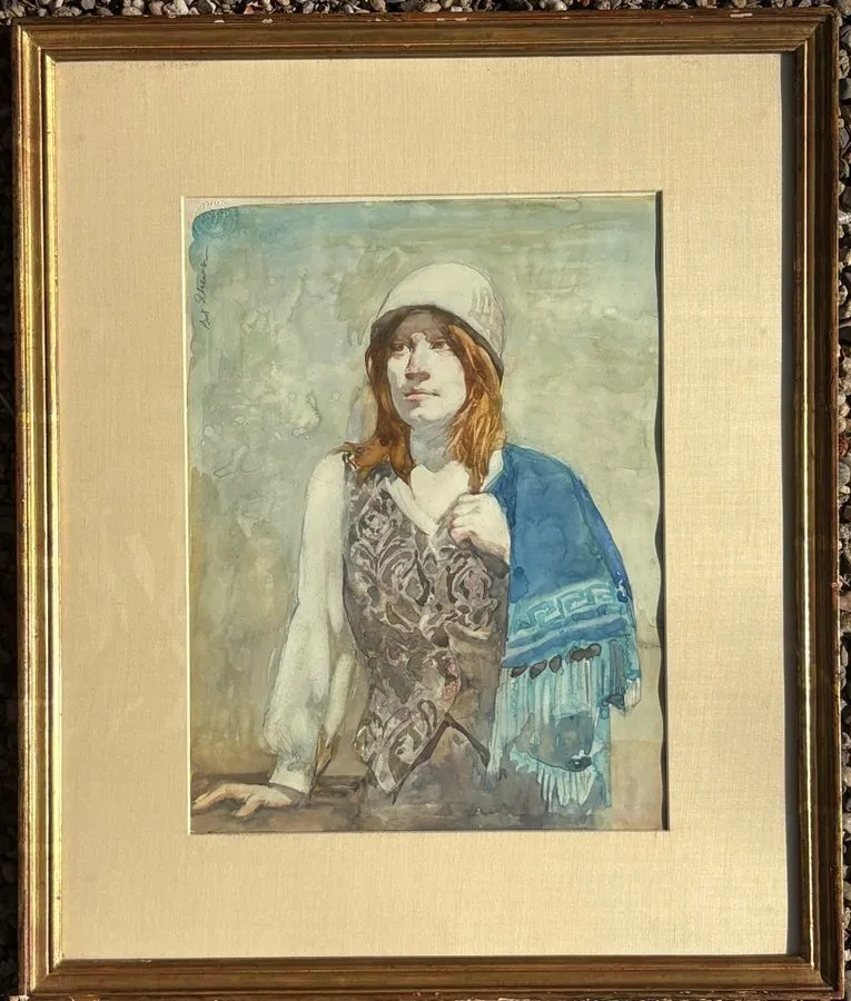 Лабораторный прибор Woman with a Blue Shawl Watercolor Painting-1978-Burton Silv — фото лота 1