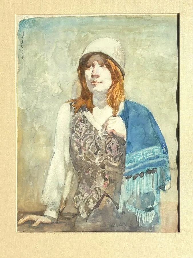 Лабораторный прибор Woman with a Blue Shawl Watercolor Painting-1978-Burton Silv — фото лота 2