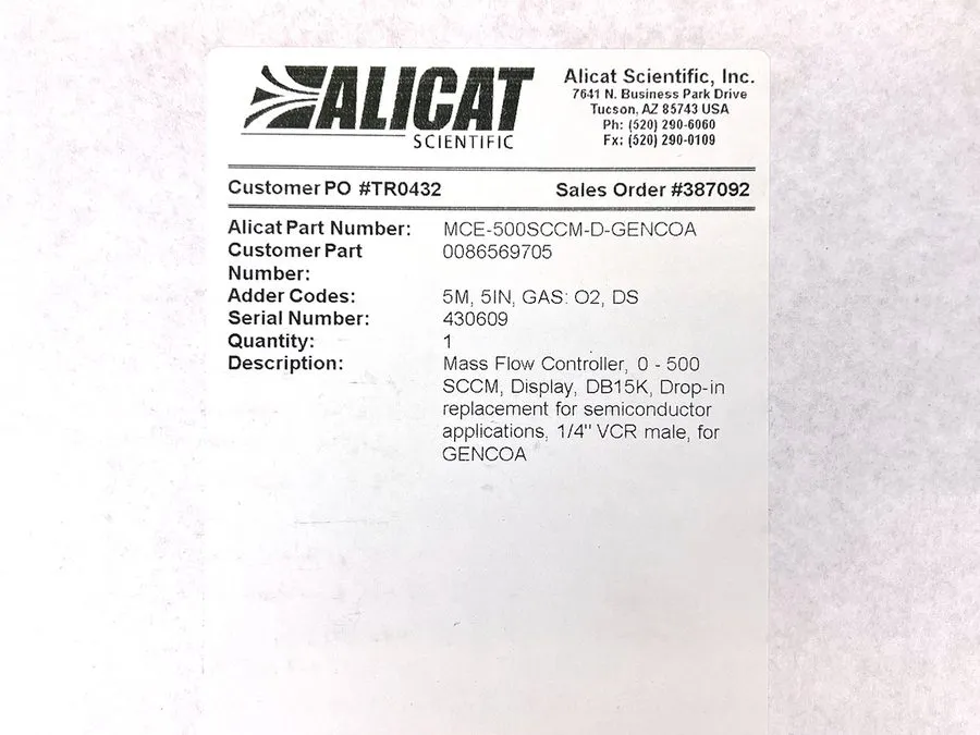 Контроллер ALICAT MCE-500SCCM-D-GENCOA 5M 5IN GAS: O2 DS Mass Flow Controller MF — фото лота 1