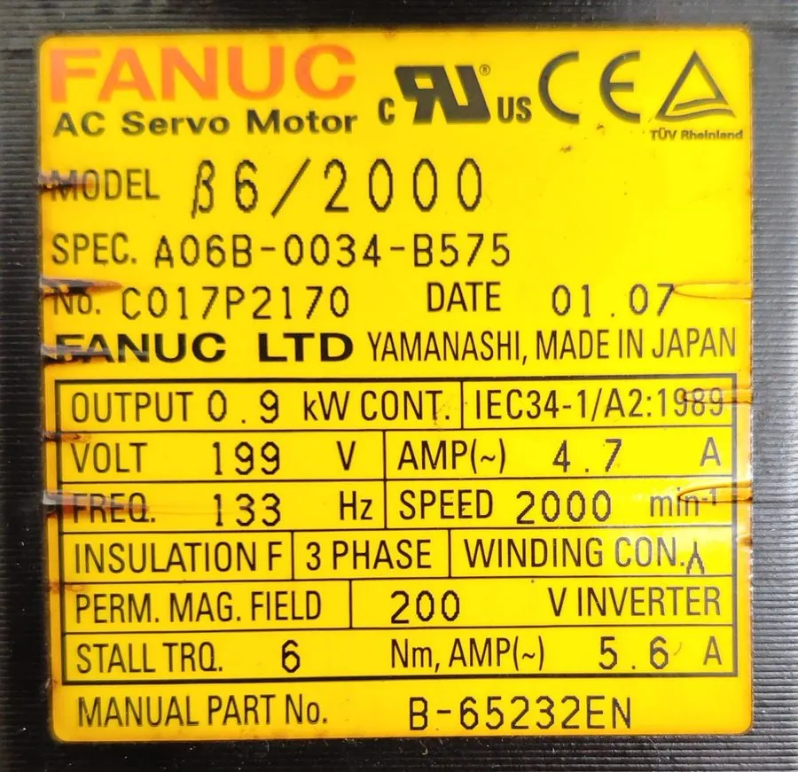 Серводвигатель FANUC A06B-0034-B575 beta6/2000 AC Servo Motor 0.9kW 6Nm 2000rpm 
