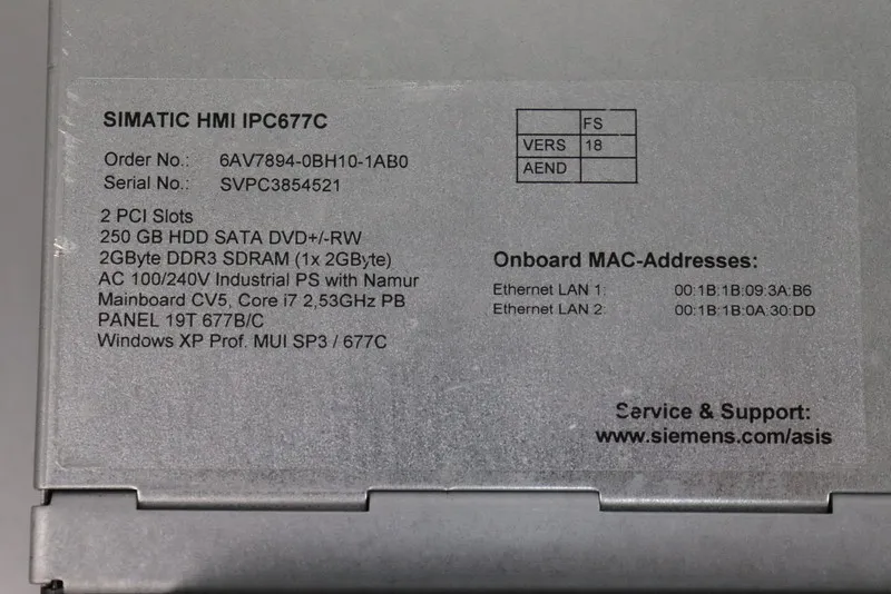 Промышленный компьютер Siemens HMI IPC677C Panel A5E02713398 A02 6AV7894-0BH10-1