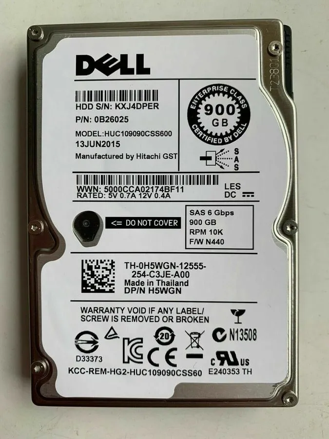 Жёсткий диск DELL H5WGN 0H5WGN 900GB 6Gbps 10K 2.5" SAS HDD HUC109090CSS600 0B26