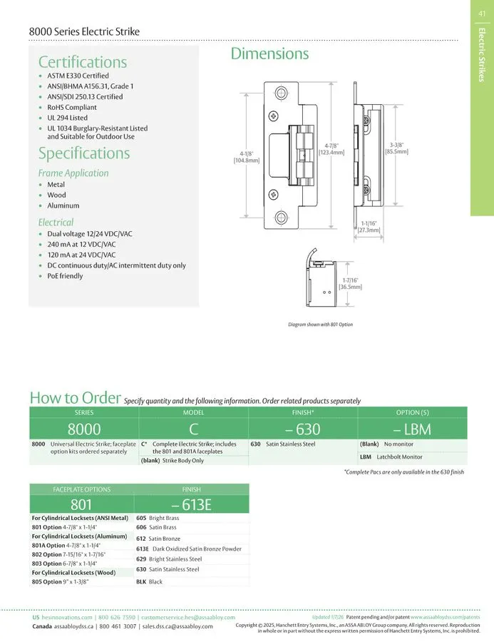 Оборудование видеонаблюдения Assa Abloy 8000C-12/24D-630 HES 8000C Electric Stri — фото лота 1