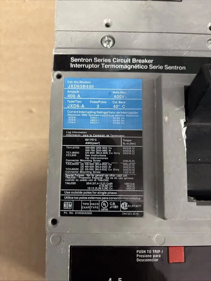 Автоматический выключатель SIEMENS SENTRON CIRCUIT BREAKER JXD63B400 400 AMP 3-P