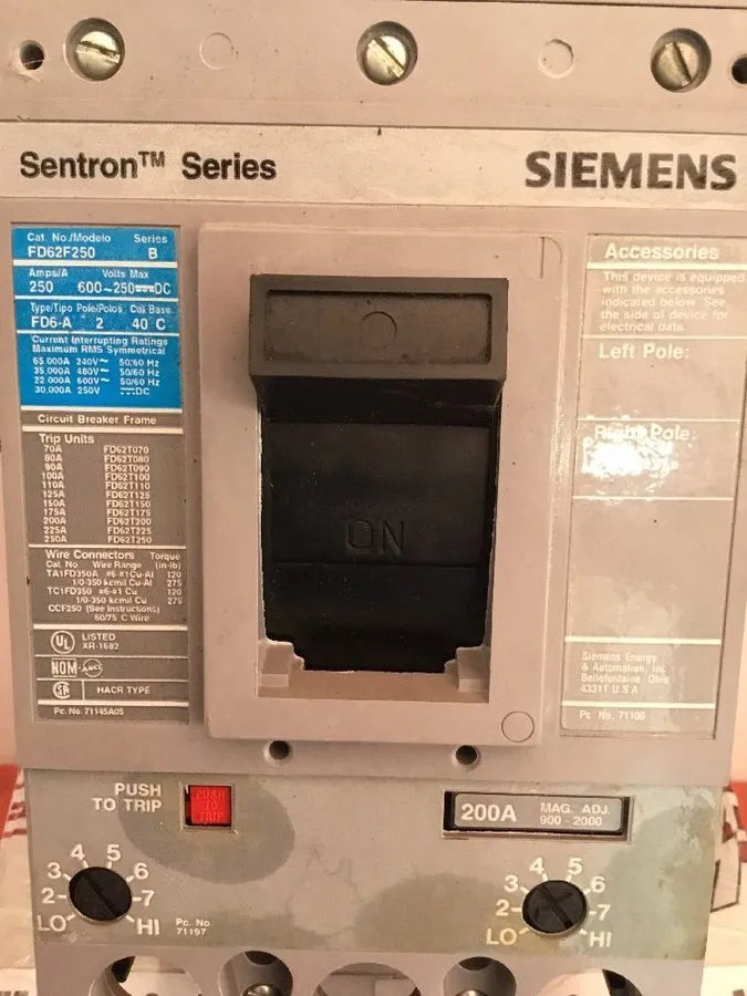 Автоматический выключатель Siemens FD62F250 Sentron 2-Pole Circuit Breaker 600V