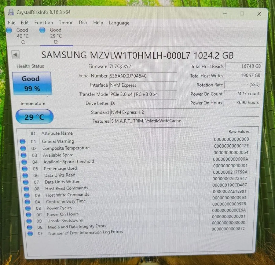 SSD-накопитель Samsung PM961 1TB NVMe M.2 2280 PCIe SSD MZ-VLW1T00 96% Health
