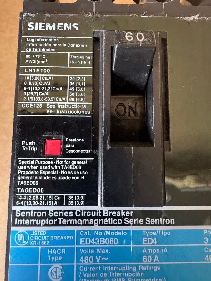 Автоматический выключатель Siemens ED43B060 Sentron Series Circuit Breaker 60A 3