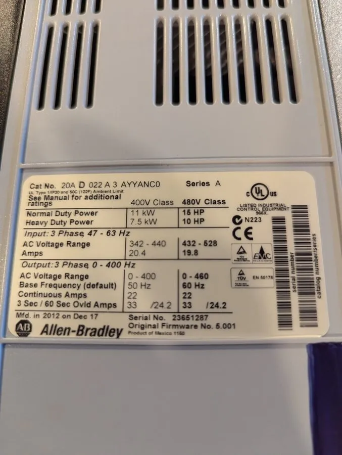 Частотный преобразователь Allen-Bradley 20A D 022 A 3 AYYANC0 PowerFlex 70 15HP 