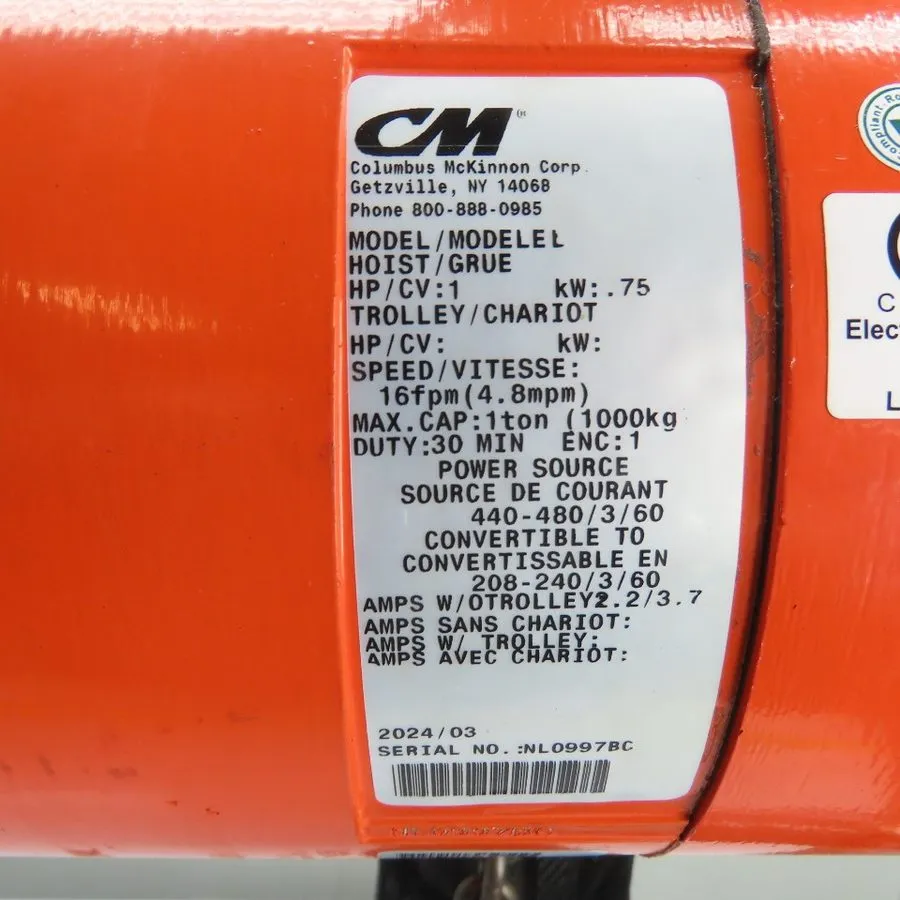 Таль Dayton 3YE18 1 Ton 2000Lb Electric Chain Hoist 20' Lift 16Fpm 460V 3Ph Trol