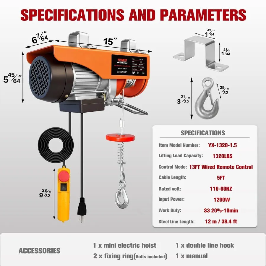 Таль 1320Lbs Electric Hoist 110V with Remote 39.4ft Lift