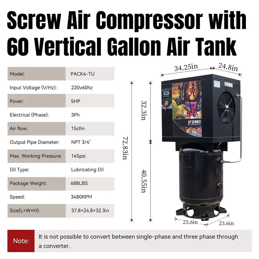 Компрессор 5HP Rotary Screw Air Compressor 15CFM 145 PSI 230V 3Ph with 60-Gallon — фото лота 1