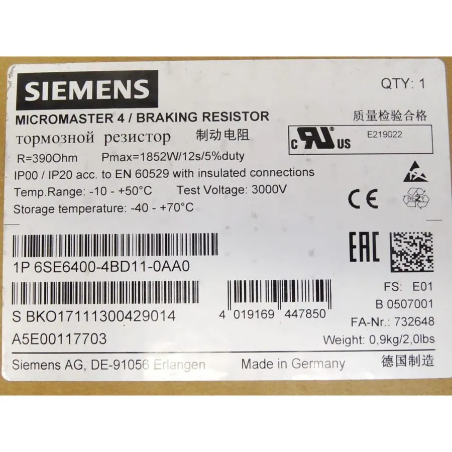 Частотный преобразователь Siemens 6SE6400-4BD11-0AA0 MICROMASTER4 Braking resist