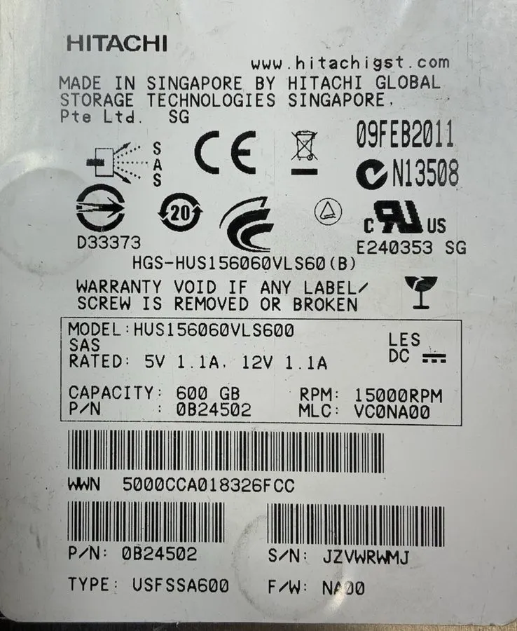 Жёсткий диск Hitachi Ultrastar 3.5" HUS156060VLS600 600GB 15K RPM SAS HDD Drive 