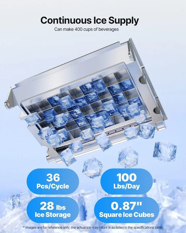 Льдогенератор LED Ice Maker 100lb/24h Output, 28lb Storage, Stainless, Self-Clea