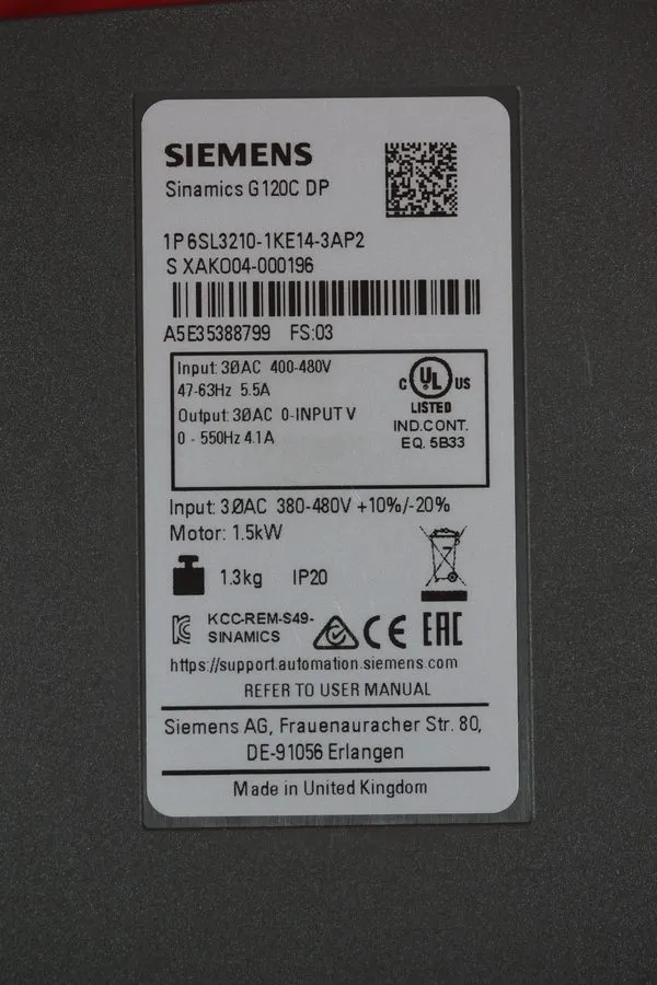 Частотный преобразователь siemens SINAMICS G120C RATED POWER 6SL3210-1KE14-3AP2 — фото лота 1