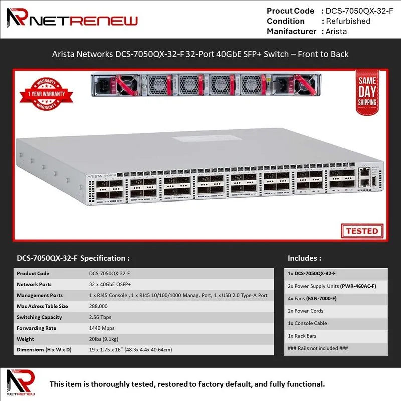Коммутатор Arista Networks DCS-7050QX-32-F 32-Port 40GbE SFP+ Switch Front to Ba — фото лота 1