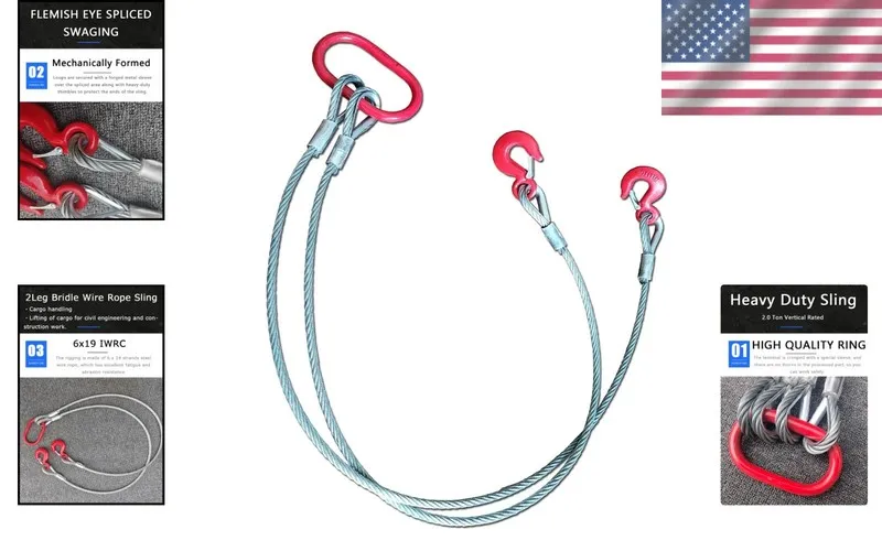 Строп Versatile Two Leg Wire Rope Sling 1/2Inch x 5Ft, 4410lb Capacity