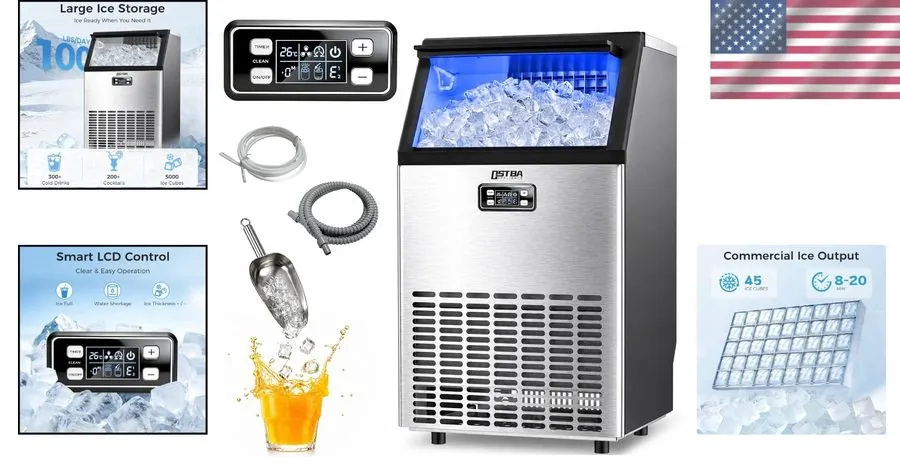 Льдогенератор Commercial Ice Maker, 100Lb/24H, 33Lbs Storage, 45 Cubes in 10 Min